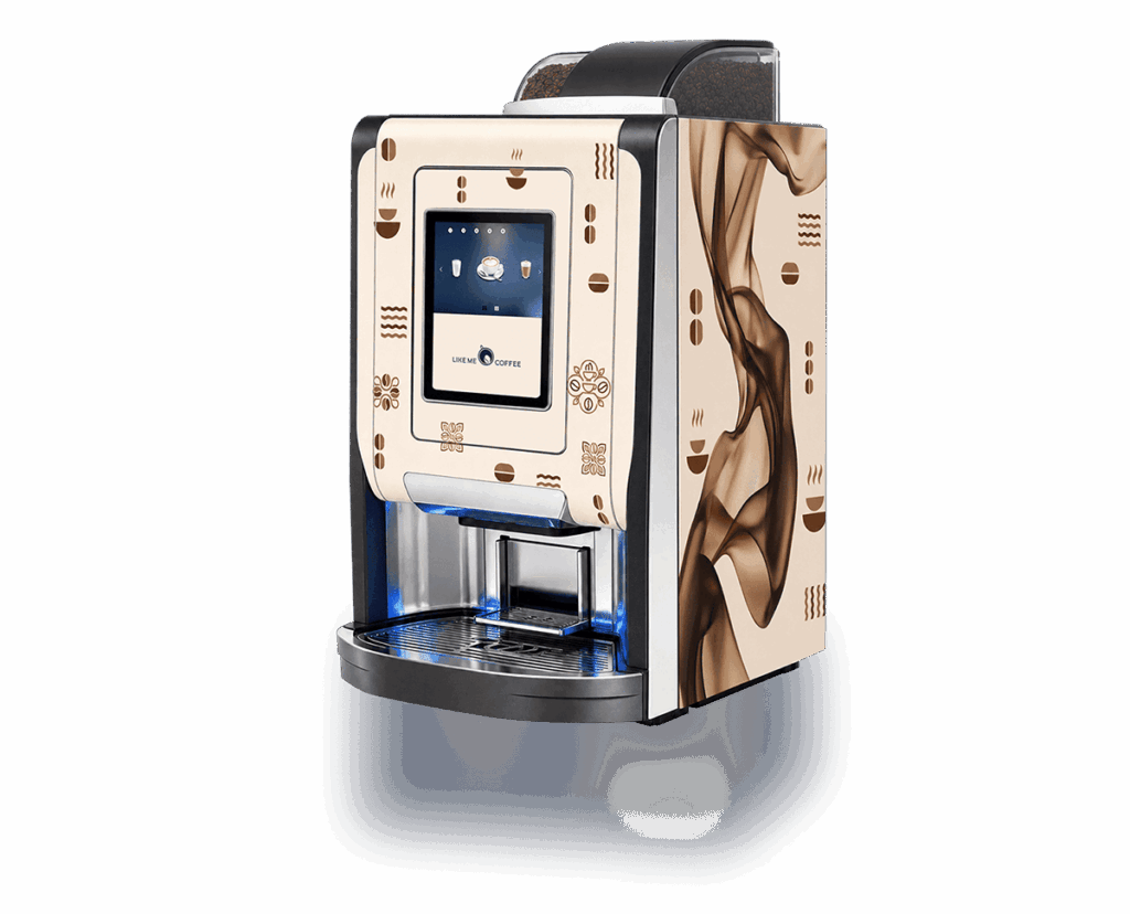 The Like Me Coffee LMC-VM-001 freestanding bean-to-cup coffee vending machine featuring a digital touchscreen and cashless payments.