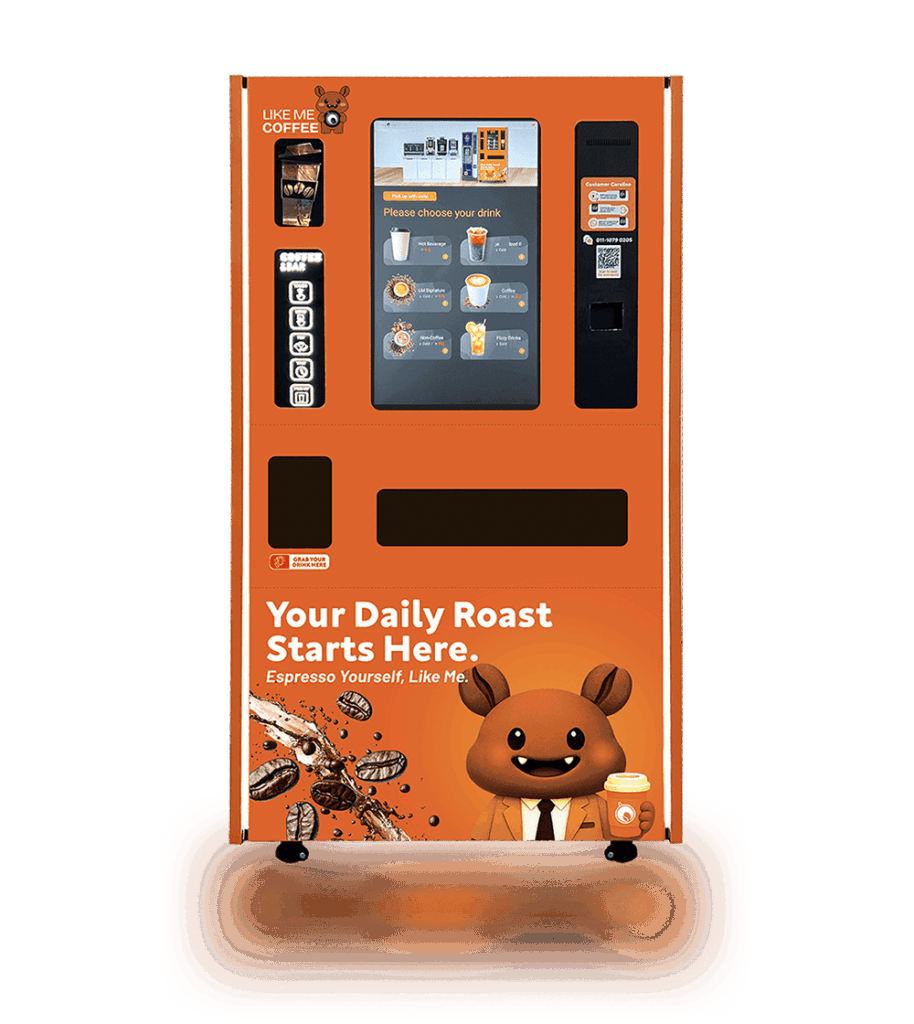 The high-capacity LMC-VM-002 coffee vending machine by Like Me Coffee featuring a bright orange design and large display.