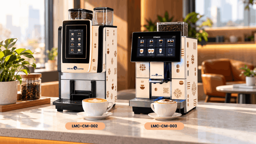 The LMC-CM-002 and LMC-CM-003 tabletop coffee machines placed side-by-side on an office counter.