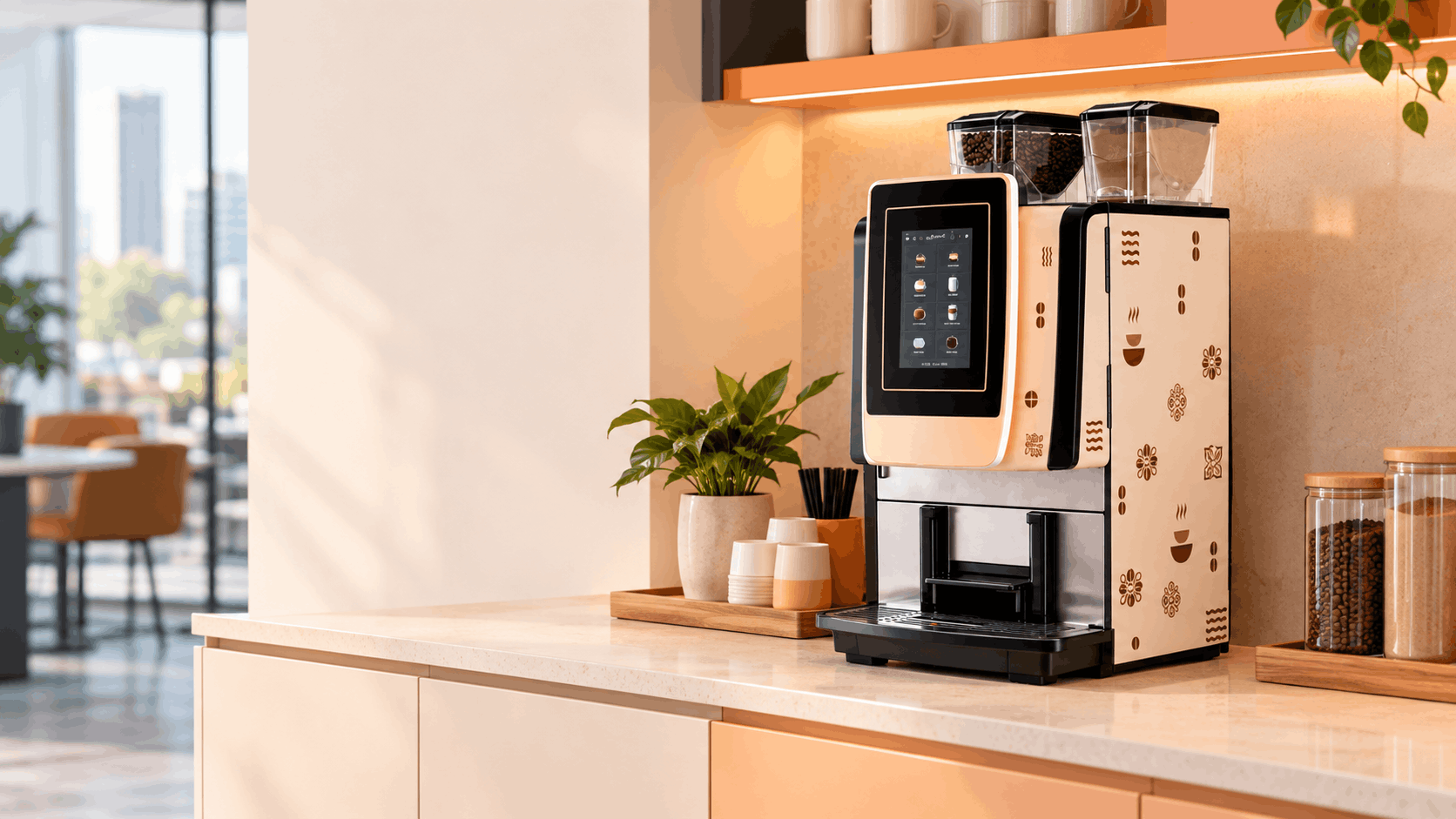 The LMC-CM-002 bean-to-cup tabletop coffee machine sitting on a bright office kitchen counter next to potted plants.