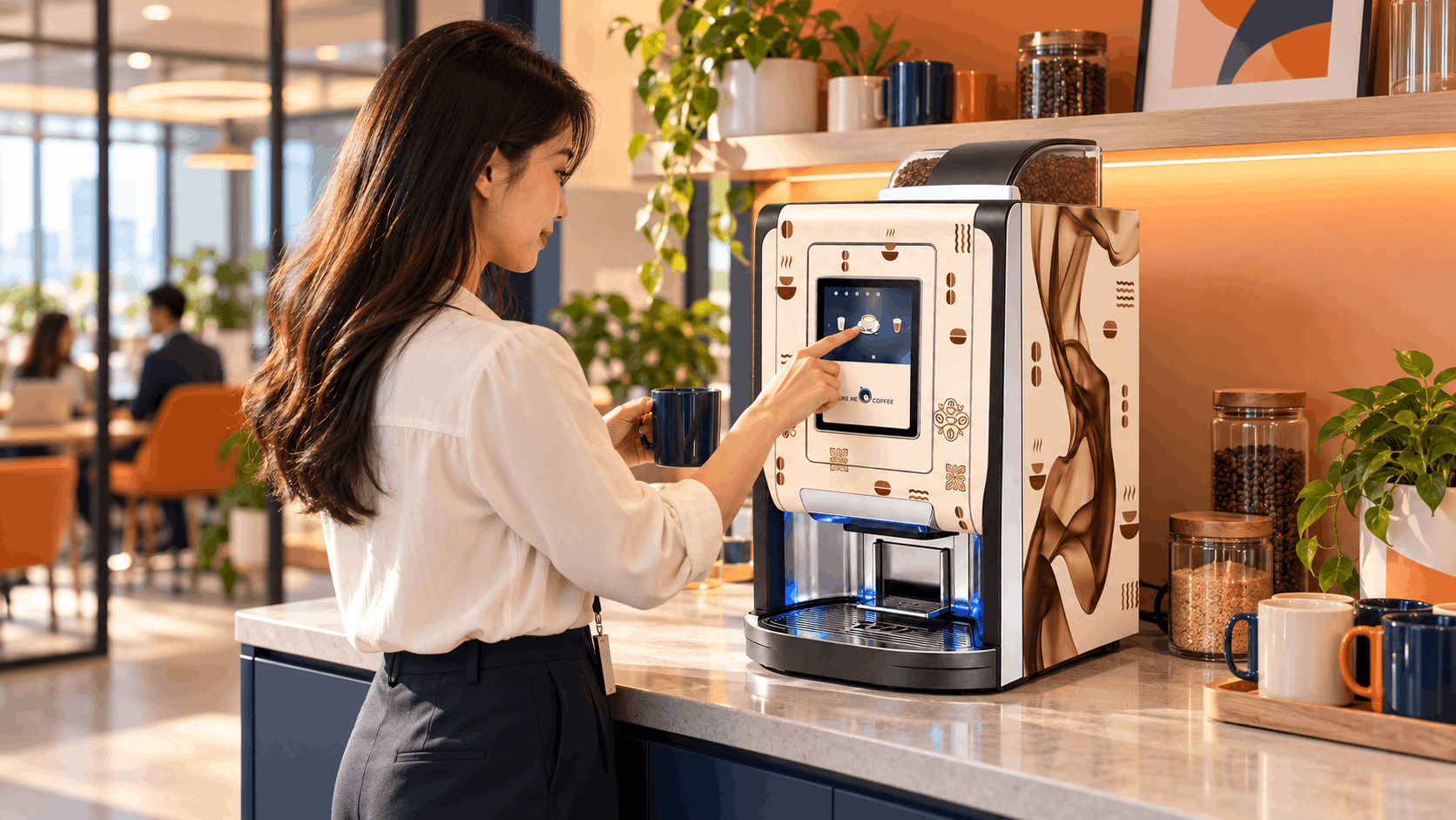 A woman selecting a beverage from a Like Me Coffee bean-to-cup tabletop machine in a modern office pantry in Malaysia.