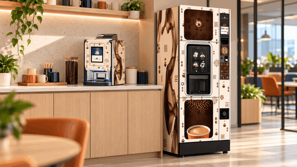 A tabletop coffee machine and a freestanding coffee vending machine placed side-by-side in a corporate office kitchen.
